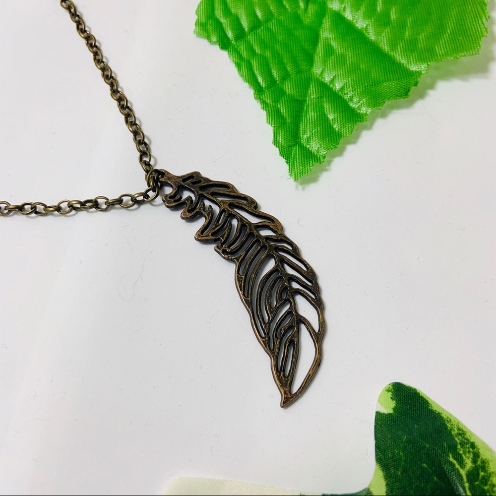 Gold Feather Leaf Long Necklace New